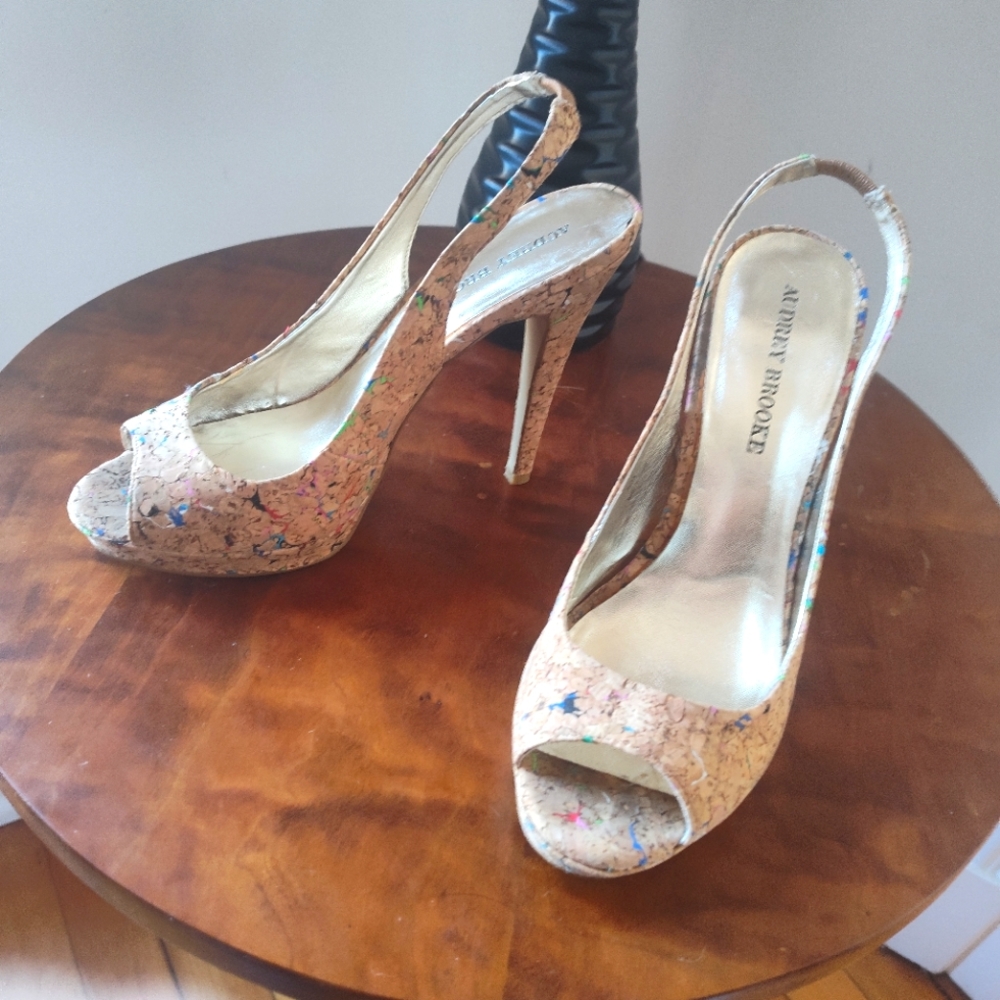Audrey Brooke open toe, cork lined stiletto slingback heels